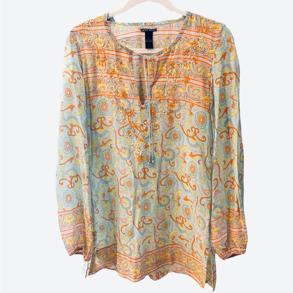 LUCKY BRAND Boho hippie Embroidered Cotton Bright Print Tunic Blouse Women’s S